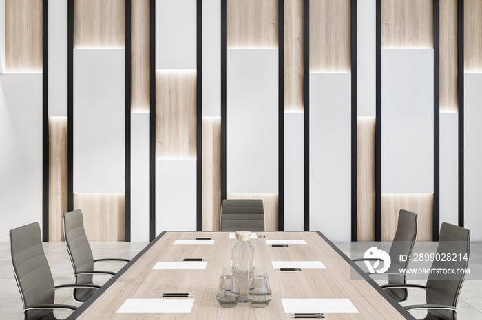 Clean meeting room interior with table and chairs. Workplace, negotiation and design concept. 3D Ren