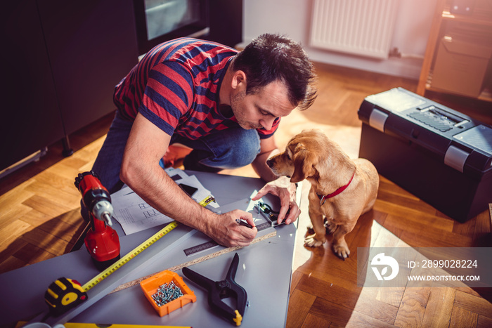 Man with dog building kitchen cabinets