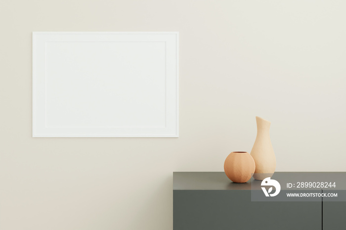 Horizontal white poster or photo frame mockup with vase on the desk in living room interior. 3D rend