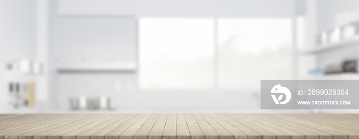 3d rendering of maple wood counter, table top. Include blur kitchen, light from window. Modern inter