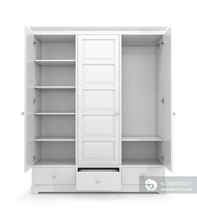 White closet with open doors isolated on white background. 3d illustration