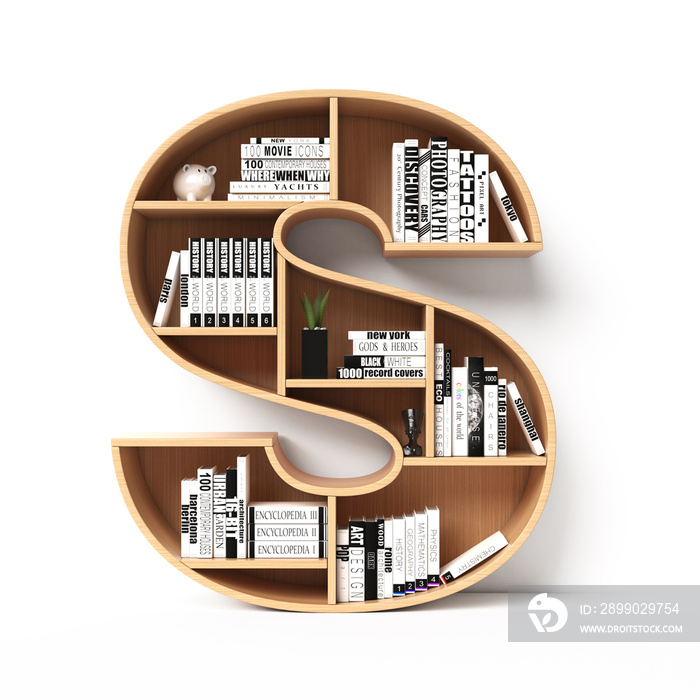 Bookshelves 3d font. Alphabet in the form of book shelves. Mockup font.  Letter S 3d rendering