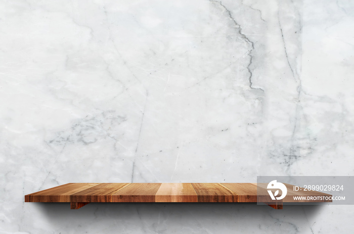 Empty wood plank shelf at white marble wall background,Mock up for display or montage of product or 