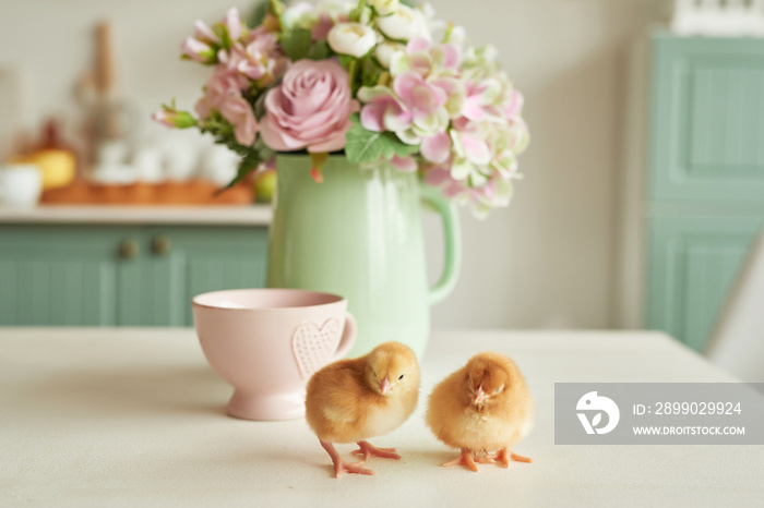 Easter eggs and chickens with flowers. Easter Greeting Card Template. Happy easter concept. Copy Spa