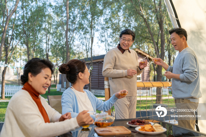 中老年人在露营地喝茶聊天