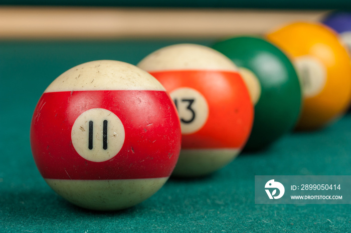 Billiards balls and cue on billiards table. Billiard sport concept.