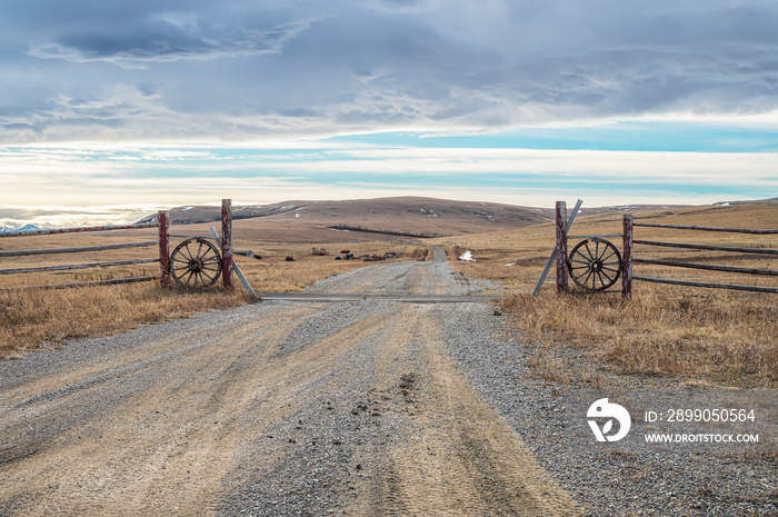 Country road crossing a Texas gate in the Rocky Mountain foothills near the town of Fort Macleod, Alberta, Canada