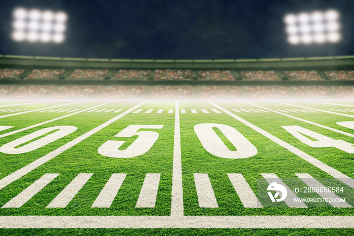 American Football Field With Stadium Lights and Smoke