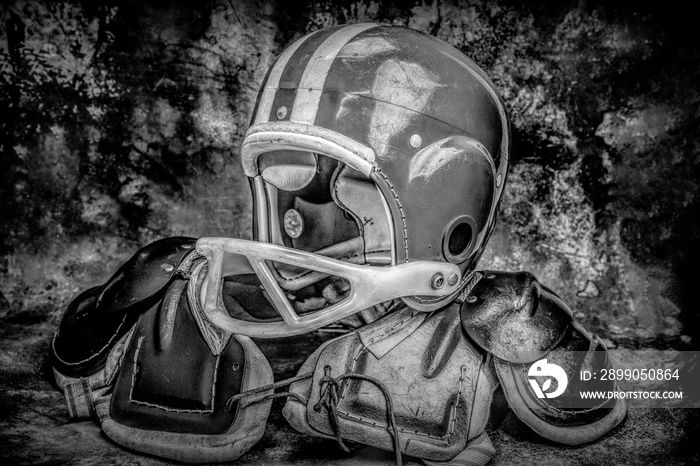 Vintage Boys Football Helmets and Leather Shoulder Pads