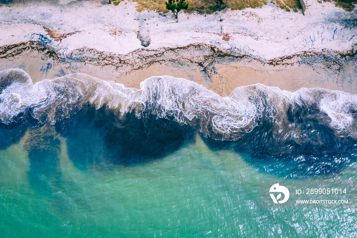 Aerial view of Atlantic coast near Palmarin. Saloum Delta National Park, Joal Fadiout, Senegal. Africa. Photo made by drone from above.