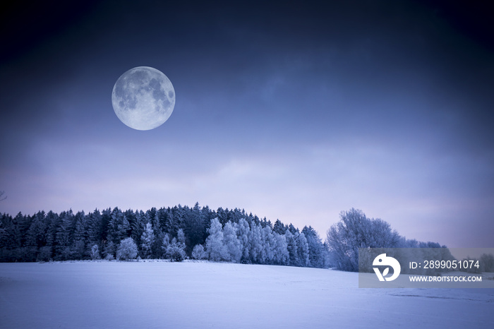 Winter Landscape. Field Covered with Snow. Frozen Forest and Full Moon.