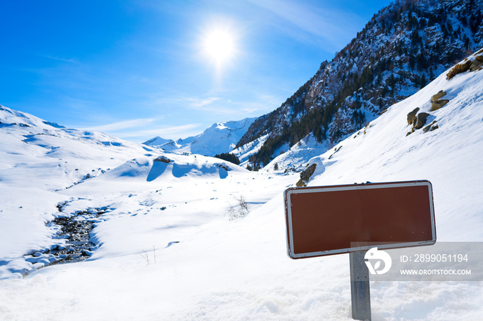 Cerler snow road sign in Pyrenees of Huesca Spain
