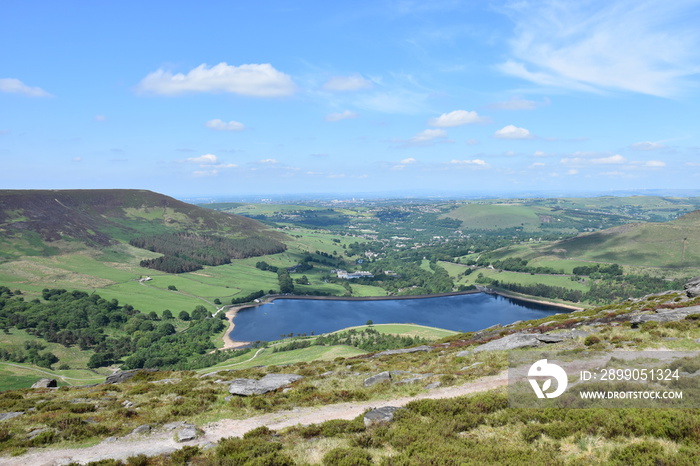 Countryside view with green hills and mountains with a lake in distance. Taken in Oldham England.