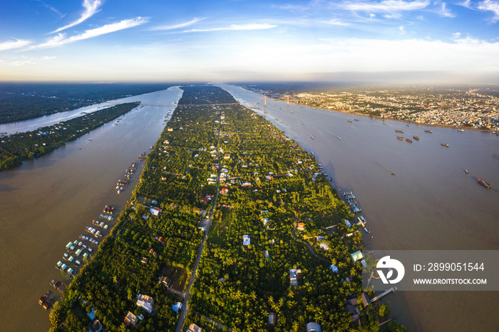 Aerial view of the coconut farms, durian farms in Phung island or Con Phung, Ben Tre, Vietnam. Mekong Delta.