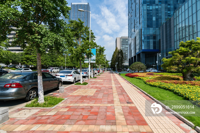 Empty Plaza and Modern Office Building, Qingdao, China