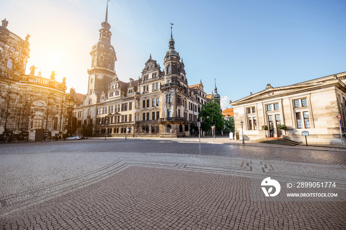 View on the old castle with Hausmannsturm tower in Dresden city during the sunrise in Germany