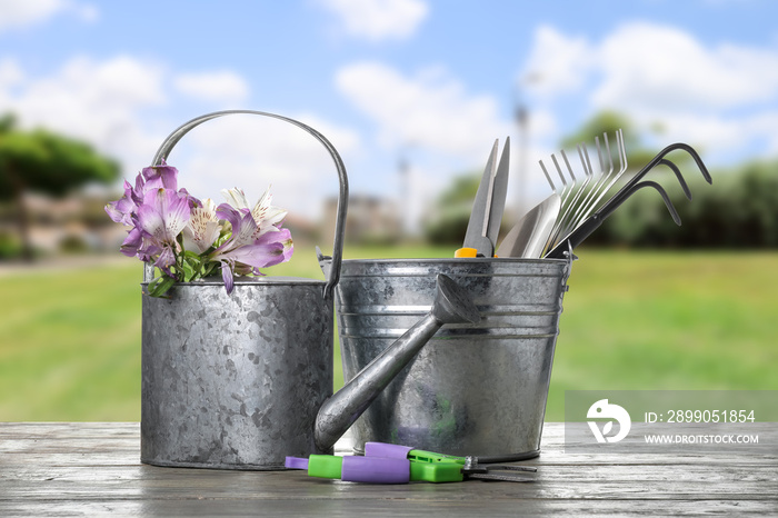 Set of gardening supplies on table outdoors