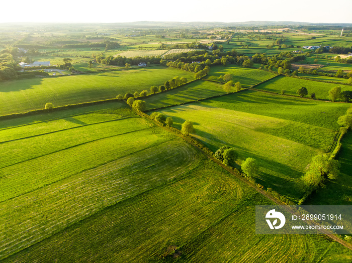 Aerial view of endless lush pastures and farmlands of Ireland. Beautiful Irish countryside with green fields and meadows. Rural landscape on sunset.