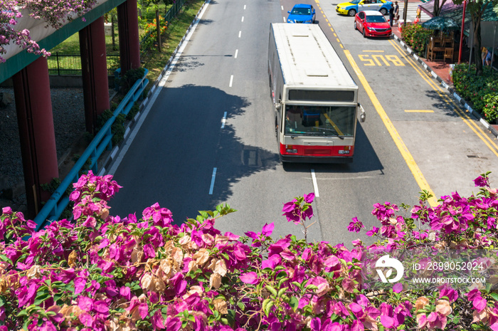 Aerial view of urban road with bus