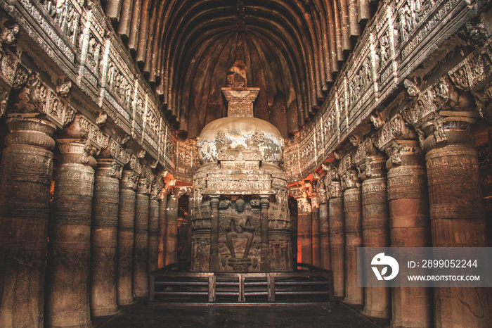 Inside the famous Ajanta Cave no. 26.