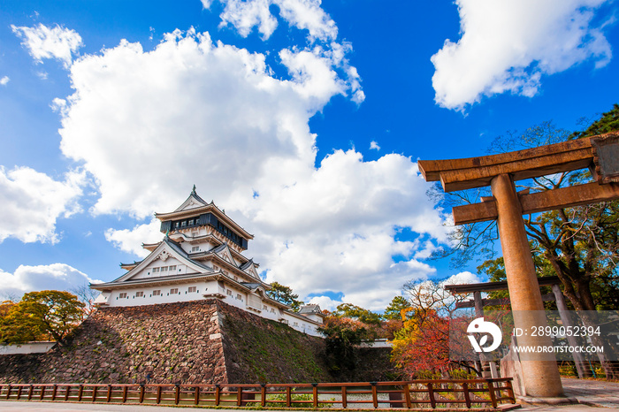 Kokura Castle was built by Hosokawa Tadaoki in 1602; Historical building.Kokura Castle is a Japanese castle in Kitakyushu; Fukuoka Prefecture; Japan. With colorful leaves and blue sky.