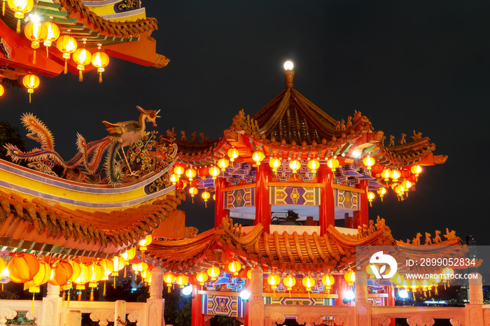 Chinese New Year lanterns decoration in Thean Hou, Buddhist temple landmark in Kuala Lumpur Malaysia