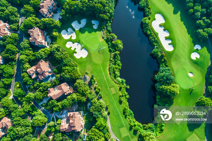 Aerial view of a beautiful green golf course.high angle view.