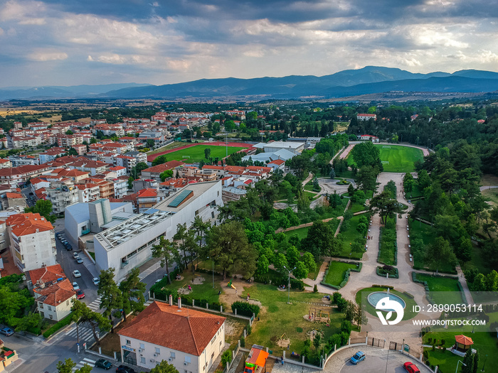 Aerial panoramic view over Kozani city, Greece