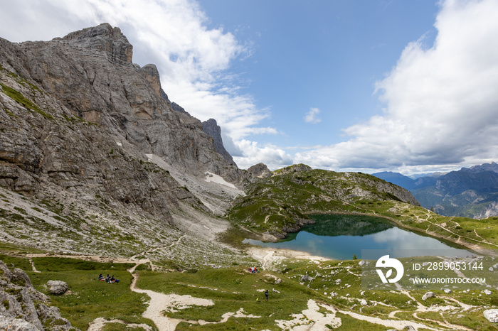 Amazing alpine  scenery at Lake Coldai. Forcella Coldai on Civetta group. Alps, Dolomites, Alleghe, Belluno, Italy