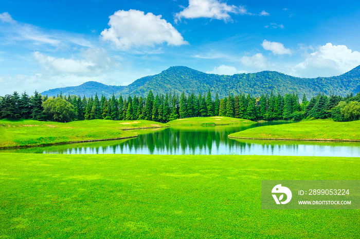 Green grass and mountain in spring season.