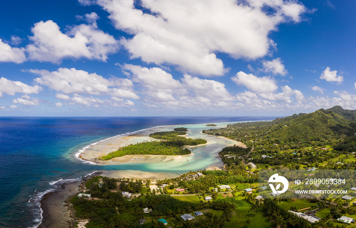 Aerial view of the Muri lagoon and beach in Rarotonga in the Cook islands in the south Pacific ocean