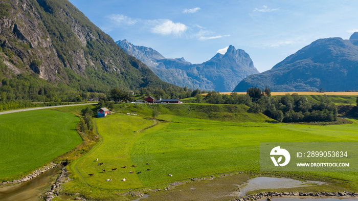 Beautiful nature of Norway. A village on the fjord coast