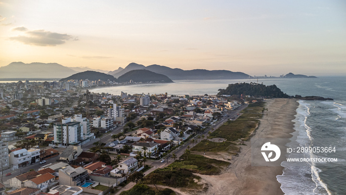 Aerial view of Guaratuba beach and bay in Parana state, Brazil,  from high angle