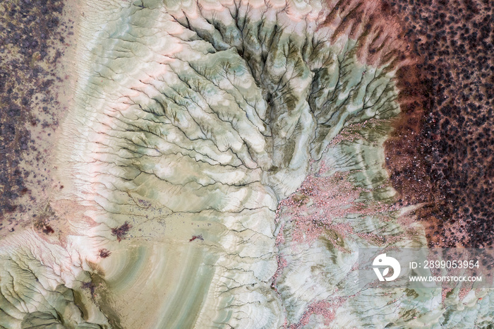 Aerial view of dried alluvial lake and mountain