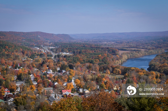 Milford, PA, and the Delaware River from scenic overlook on a sunny fall day