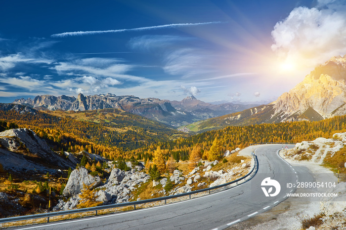 Dolomites Mountains, Passo Valparola, Cortina d’Ampezzo, Italy - panoramic view in autumn morning