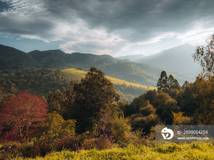 Autumn landscape in the mountains. Sunset light is illuminating the valley and the mountains.