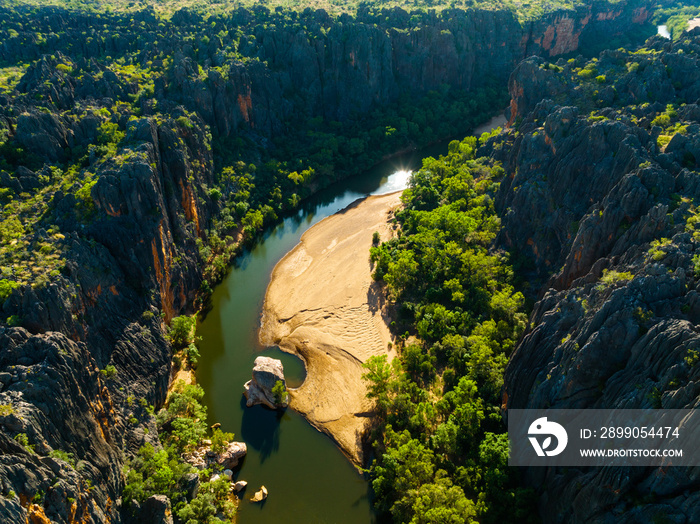 Aerial view into Windjana Gorge carved by the Lennard River in the Kimberley Region of Western Australia