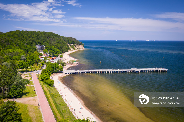 Aerial landscape of the beach and pier of the Baltic Sea in Gdynia Orłowo at summer, Poland.