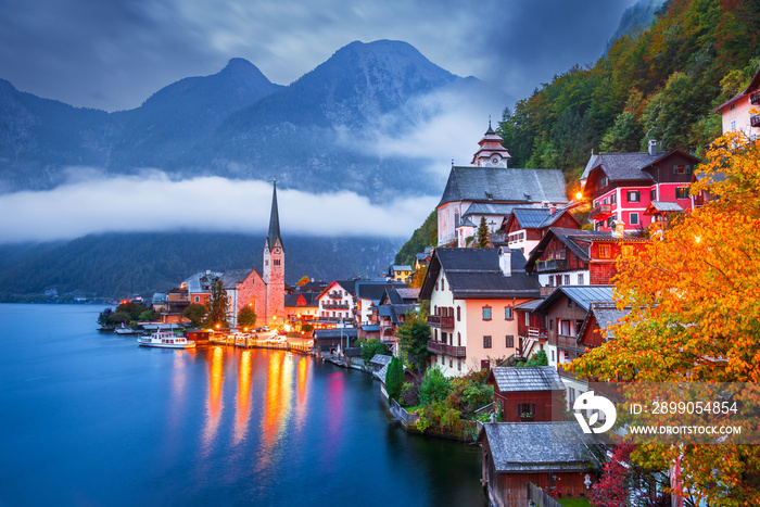 Hallstatt, Austria - Austrian Alps, small village, misty scenic landscape twilight hour.