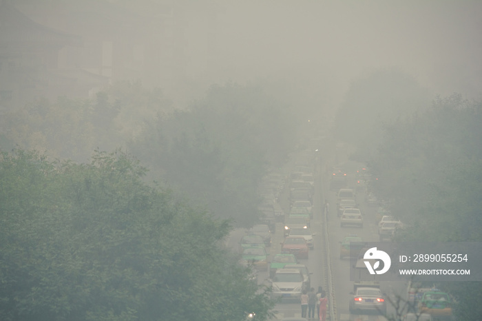 Traffic jam and smog in xi’an Central Business District