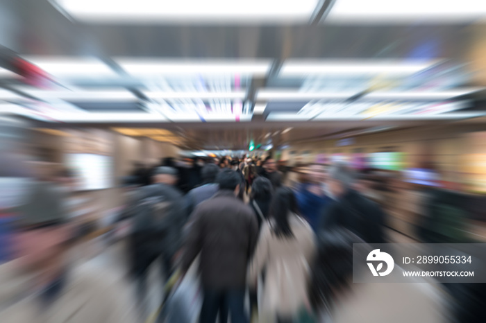 Zoom Motion blur crowd of Japanese passenger in underground / subway transportation, Japan