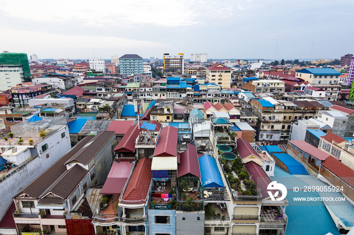 Phnom Penh dusk cityscape with skyscrapers and Central Market view, Cambodia