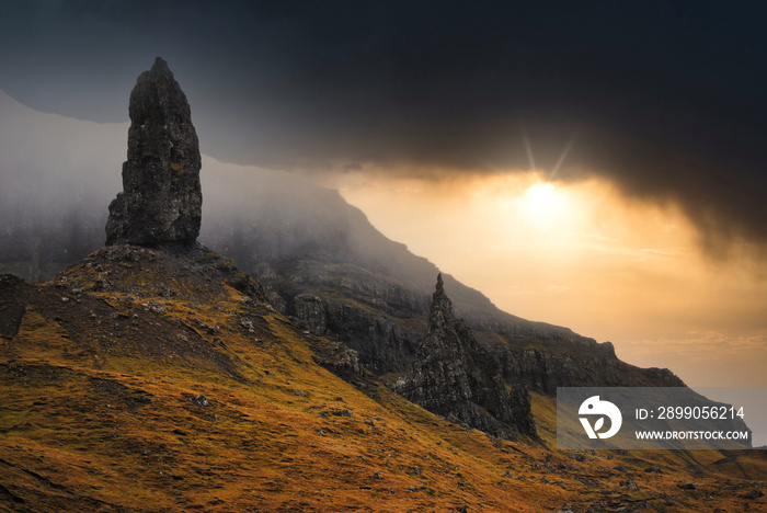 storm clouds at the Old man of Storr, isle of skye, highlands, scotland.