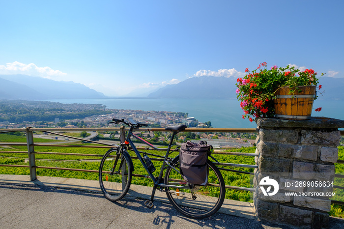 Travel road bicycle standing on the background of beautiful summer Switzerland landscape, view to vineyards at Geneva lake