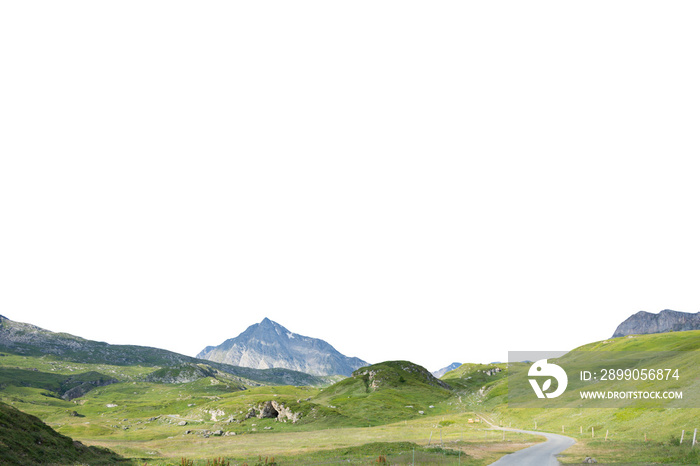 Isolated cutout mountains in the Alps in summer on a white background