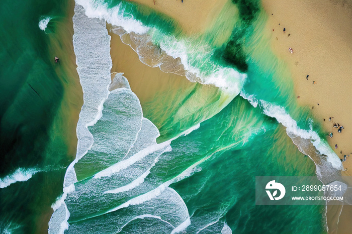 Spectacular top view from drone photo of beautiful beach with relaxing sunlight, sea water waves pounding the sand at the shore. Calmness and refreshing beach scenery.