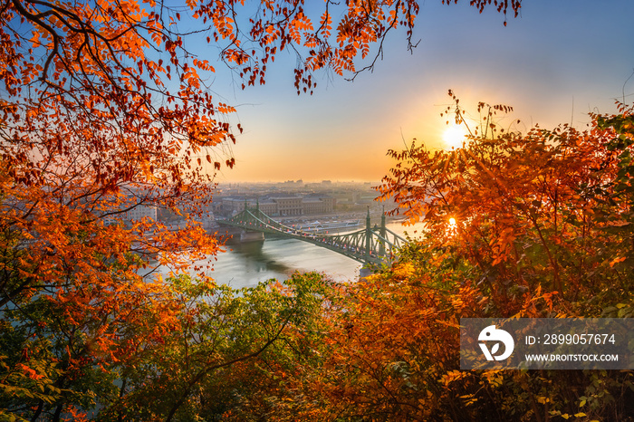 Budapest, Hungary - Autumn in Budapest. Liberty Bridge (Szabadsag Hid) at sunrise with beautiful autumn foliage