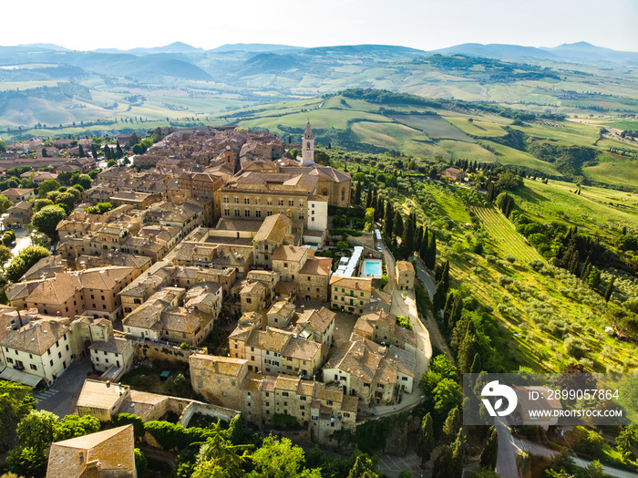 Aerial view of Pienza, a village located in the beautiful Tuscany valley, known as the ’ideal city of the Renaissance’ and a ’capital’ of pecorino cheese. UNESCO World Heritage Site.