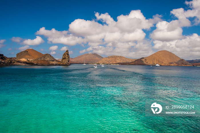 View of two beaches on Bartolome Island in the Galapagos Islands in Ecuador